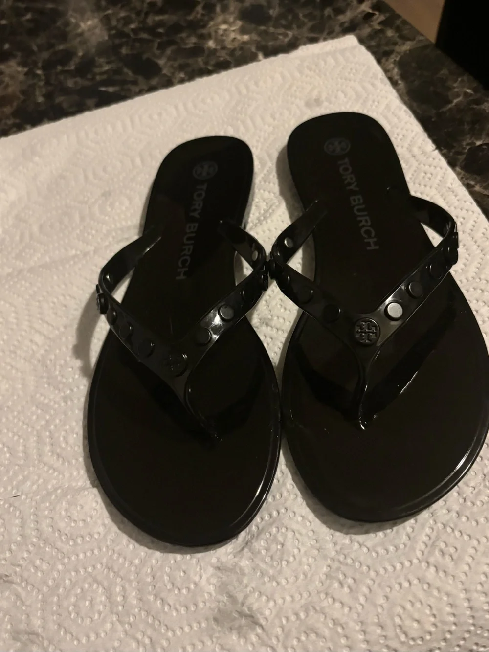 Tory Burch Black Jelly Logo Stud Thong Sandals